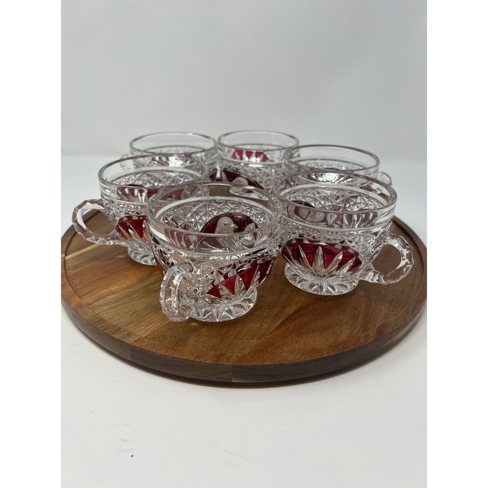 Vintage Crystal Cut Ruby Red Glass Teacups Set of 6 Etched Floral Design